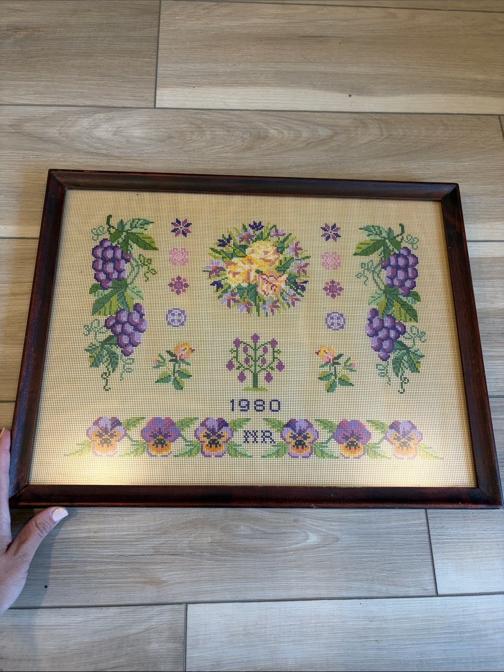 Vintage 1980 Framed Floral Cross Stitch Wall Art - Purple & Yellow